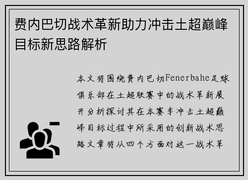 费内巴切战术革新助力冲击土超巅峰目标新思路解析 费内巴切战术革新助力冲击土超巅峰目标新思路解析